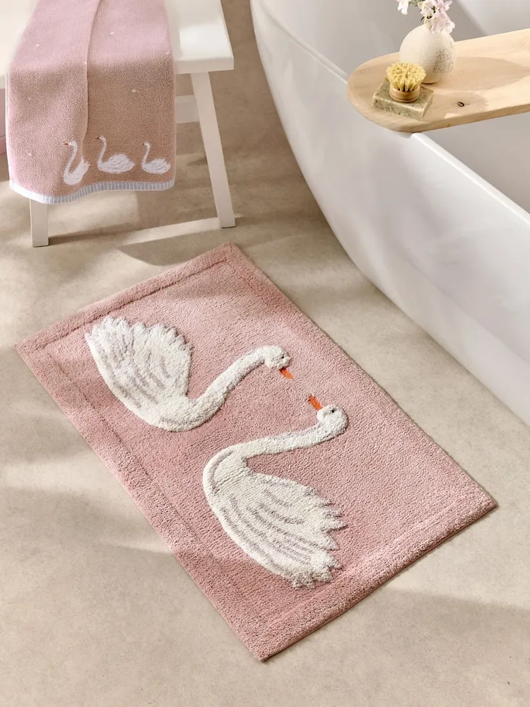 Pink Swan Print 100% Cotton Bath Mat
