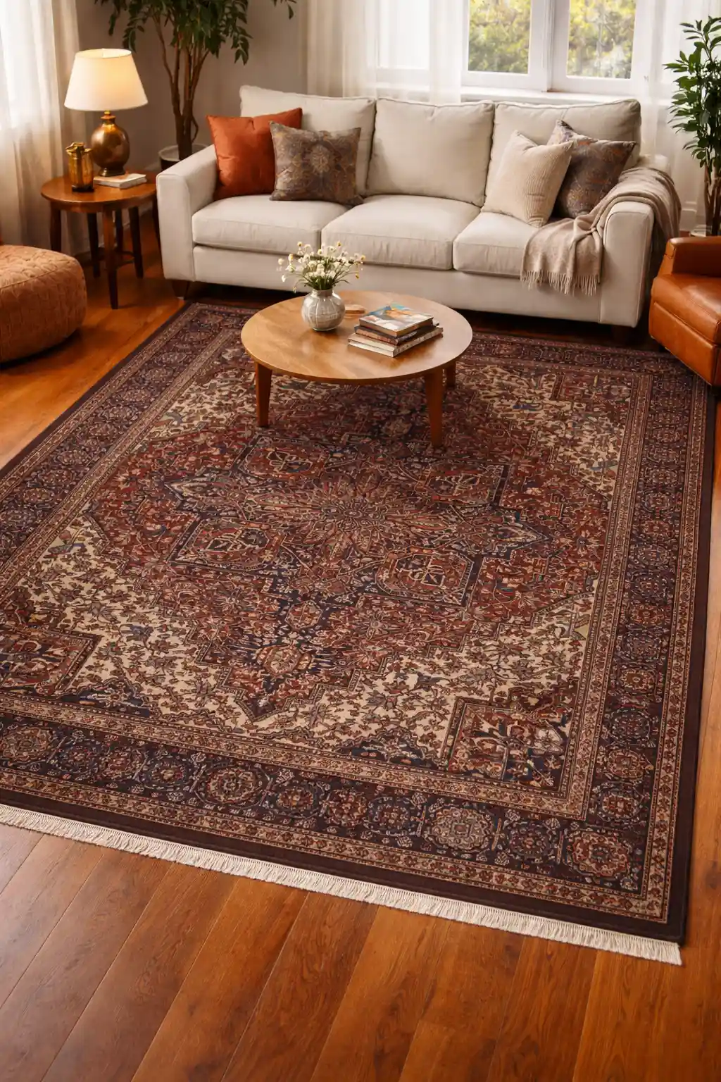 Antique Heriz rug in cozy living room