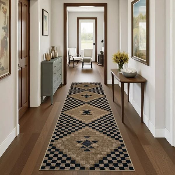 Long geometric rug in hallway
