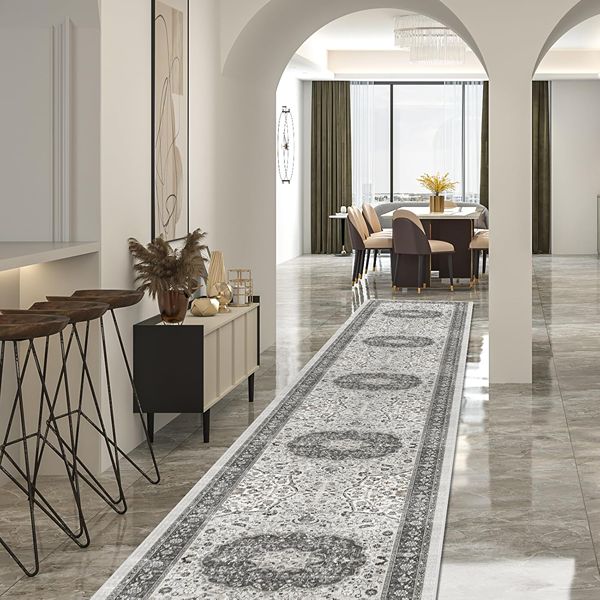 Marble hallway with patterned runner