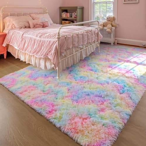 Pastel rainbow shag bedroom rug