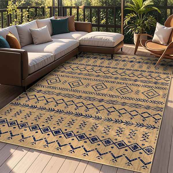 Blue and beige rug in outdoor lounge