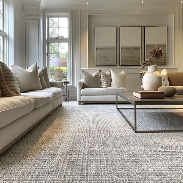 Light gray woven living room carpet