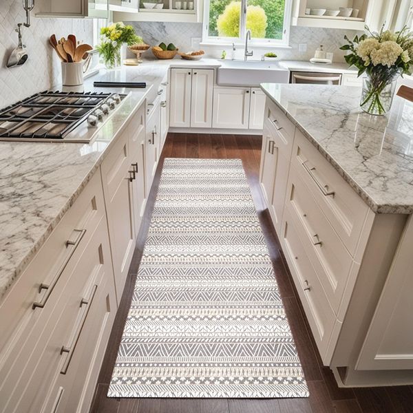 Neutral geometric kitchen floor rug