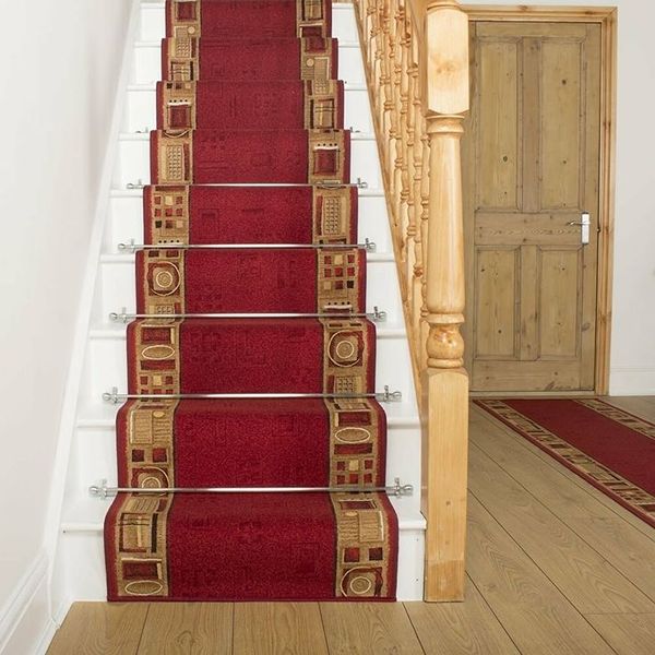 Red patterned stair carpet runner for elegant staircase