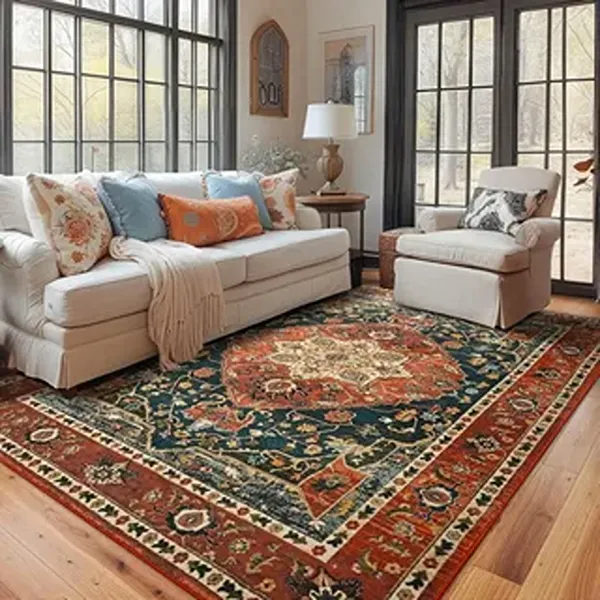 Colorful Persian rug displayed in an elegant living room