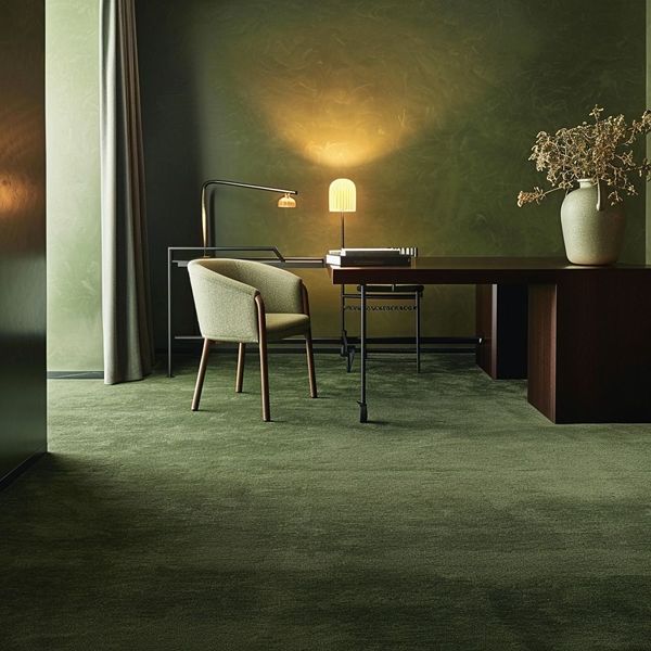 Cozy dining room with dark fitted carpet