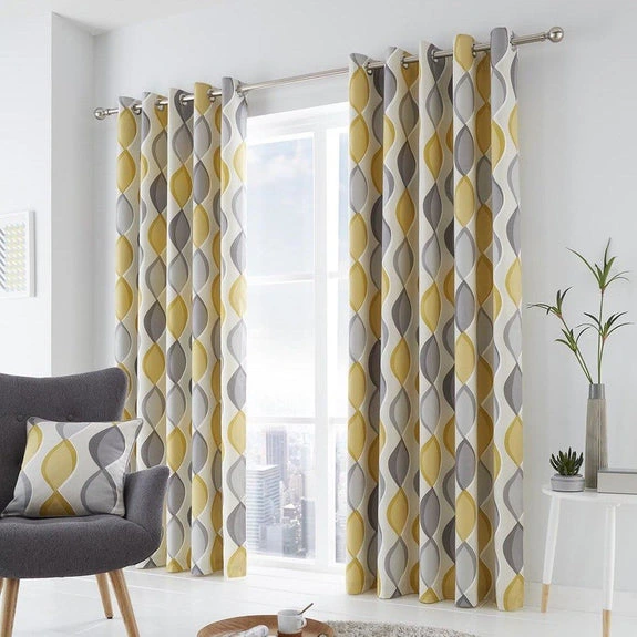 Grey Ochre Geometric Eyelet Curtains
