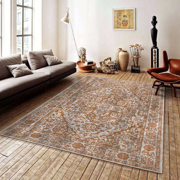 Neutral Persian rug adding warmth to a modern living room