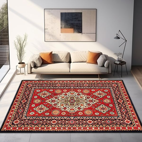 Red Persian rug with a traditional pattern beneath a bed