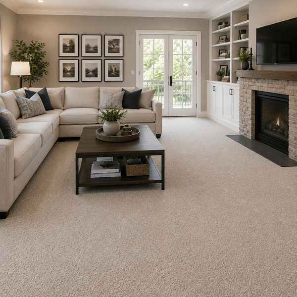 Stylish living room with soft fitted carpet
